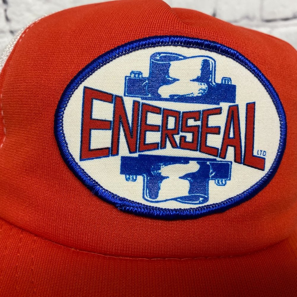 Vintage Hat Cap Snapback Red White Trucker Mesh ENERSEAL Patch Logo Foam Visor - Picture 6 of 7